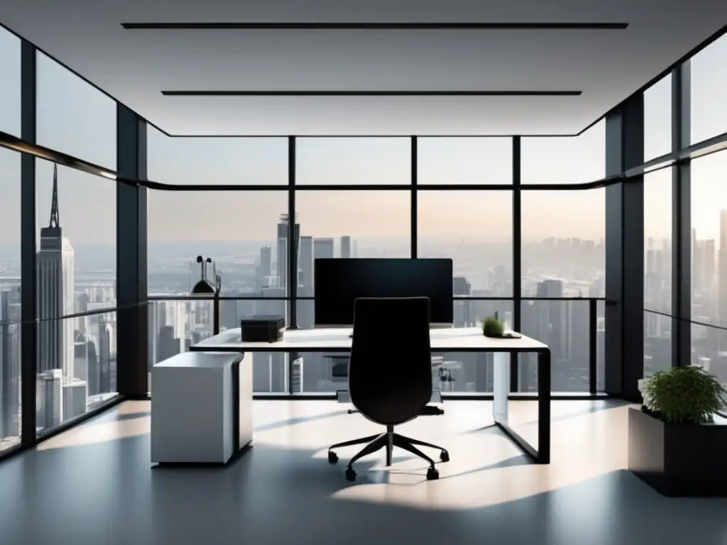 Oficina moderna con vista panorámica Oficina moderna con vista panorámica a la ciudad, escritorio elegante, silla ergonómica y libros de éxito en el marketing de afiliados
