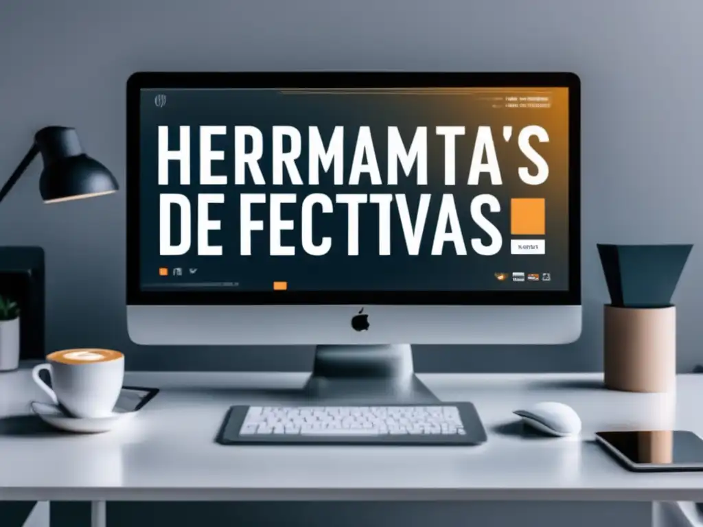 Espacio de trabajo minimalista con herramientas de afiliados Espacio de trabajo minimalista con monitor mostrando análisis y datos de herramientas de afiliados efectivas