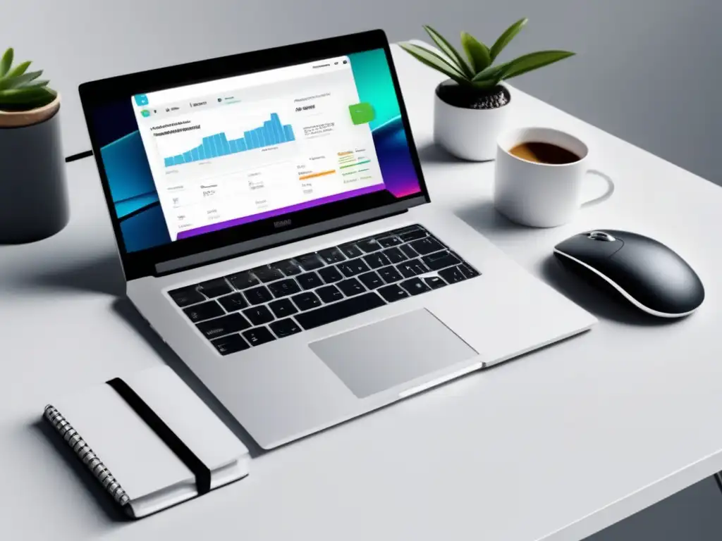 Espacio de trabajo digital para marketing de afiliados Escritorio blanco y minimalista con laptop plateado y herramientas de diseño para marketing de afiliados