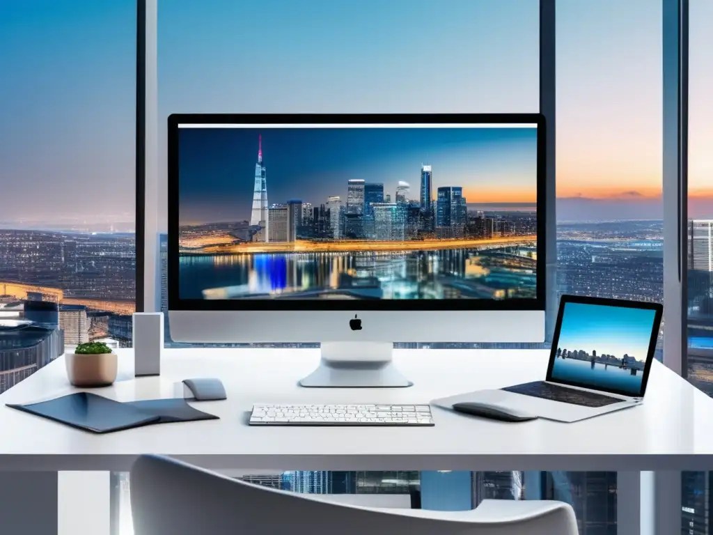 Espacio de trabajo digital con herramientas de marketing de afiliados Espacio de trabajo digital moderno con vista urbana y herramientas de marketing de afiliados