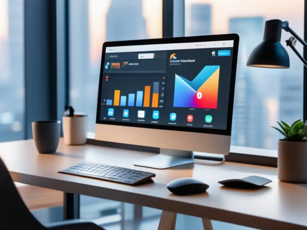 Espacio de trabajo futurista con métricas y gráficos de redes sociales Oficina futurista con herramientas de automatización de redes sociales para afiliados en marketing