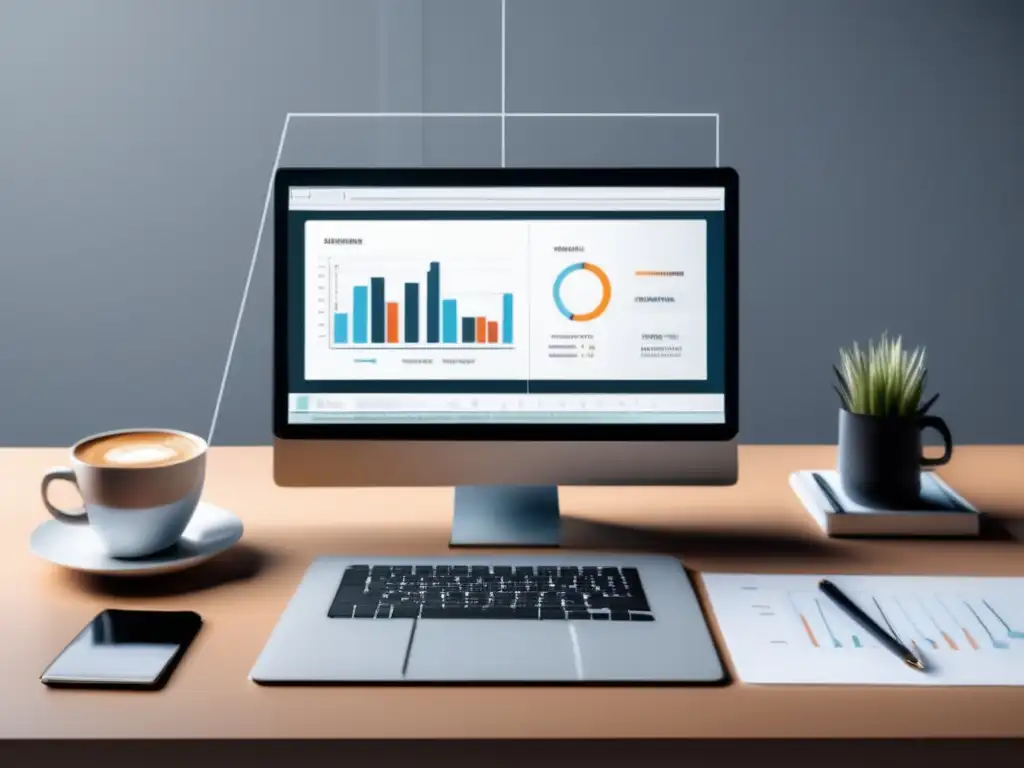 Espacio de trabajo minimalista y eficiente Espacio de trabajo minimalista con escritorio blanco, monitor de alta tecnología y elementos esenciales