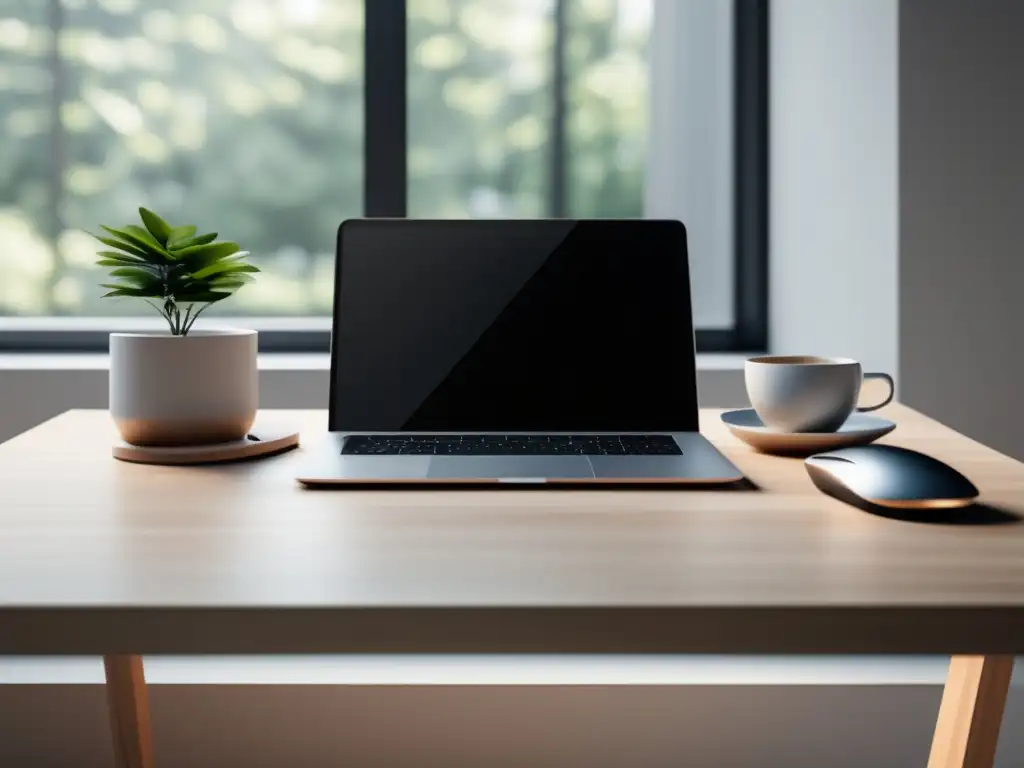 Mesa blanca minimalista con laptop, mouse inalámbrico, bloc y ventana panorámica al atardecer, para estrategias efectivas en el marketing de afiliados