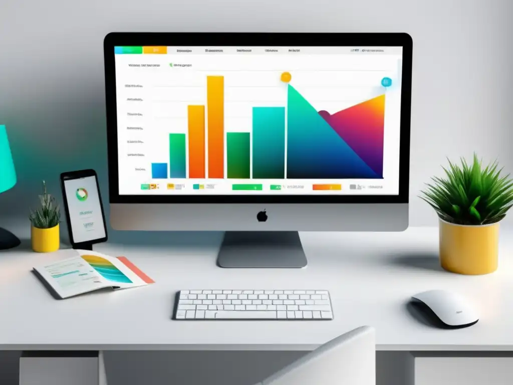Espacio de trabajo minimalista y moderno Espacio de trabajo minimalista con monitor, gráficos coloridos y herramientas tecnológicas para estrategias efectivas de marketing de afiliados