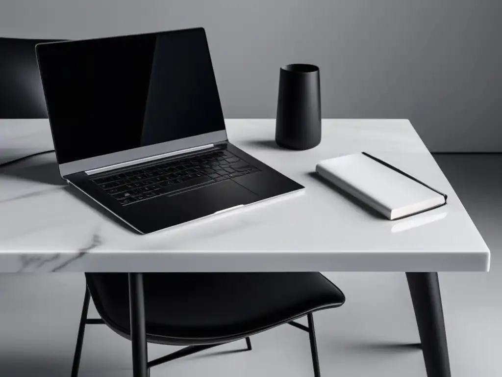 Espacio de trabajo minimalista y eficiente Espacio de trabajo minimalista con escritorio de mármol blanco, silla ergonómica y estrategias de contenido para marketing de afiliados