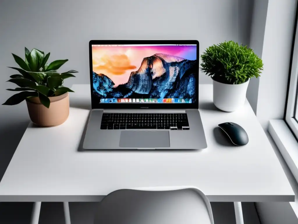 Espacio de trabajo minimalista con plantas Moderna imagen de un espacio de trabajo minimalista con un escritorio blanco, una laptop elegante y un ratón inalámbrico