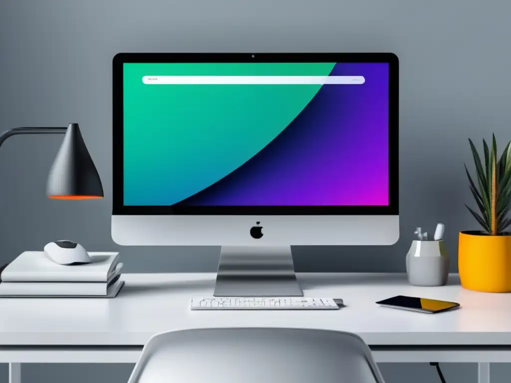 Espacio de trabajo minimalista con escritorio blanco y monitor grande Mejores programas de afiliados: Espacio de trabajo minimalista, moderno y profesional con escritorio blanco, monitor grande y elementos esenciales