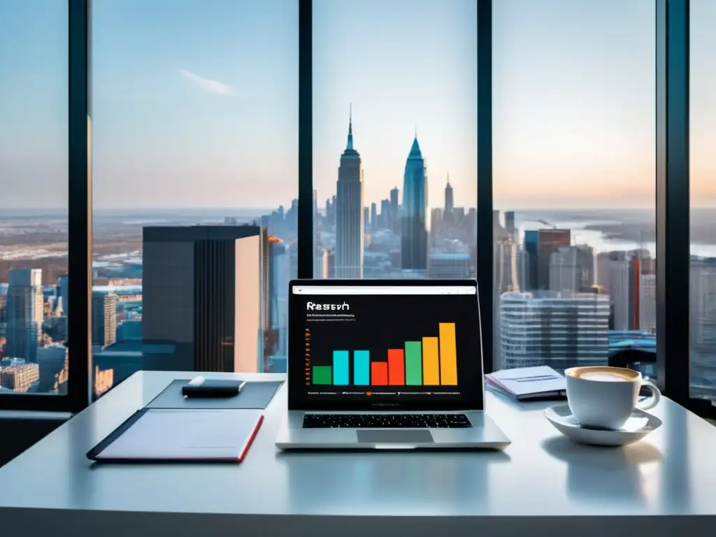Espacio de trabajo minimalista con vista a la ciudad Espacio de trabajo minimalista con escritorio blanco, vistas a la ciudad y herramientas de afiliados