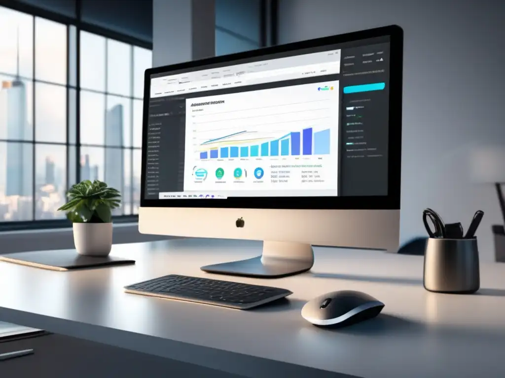 Espacio de trabajo minimalista y elegante Espacio de trabajo minimalista: escritorio blanco, herramientas de seguimiento en el marketing de afiliados