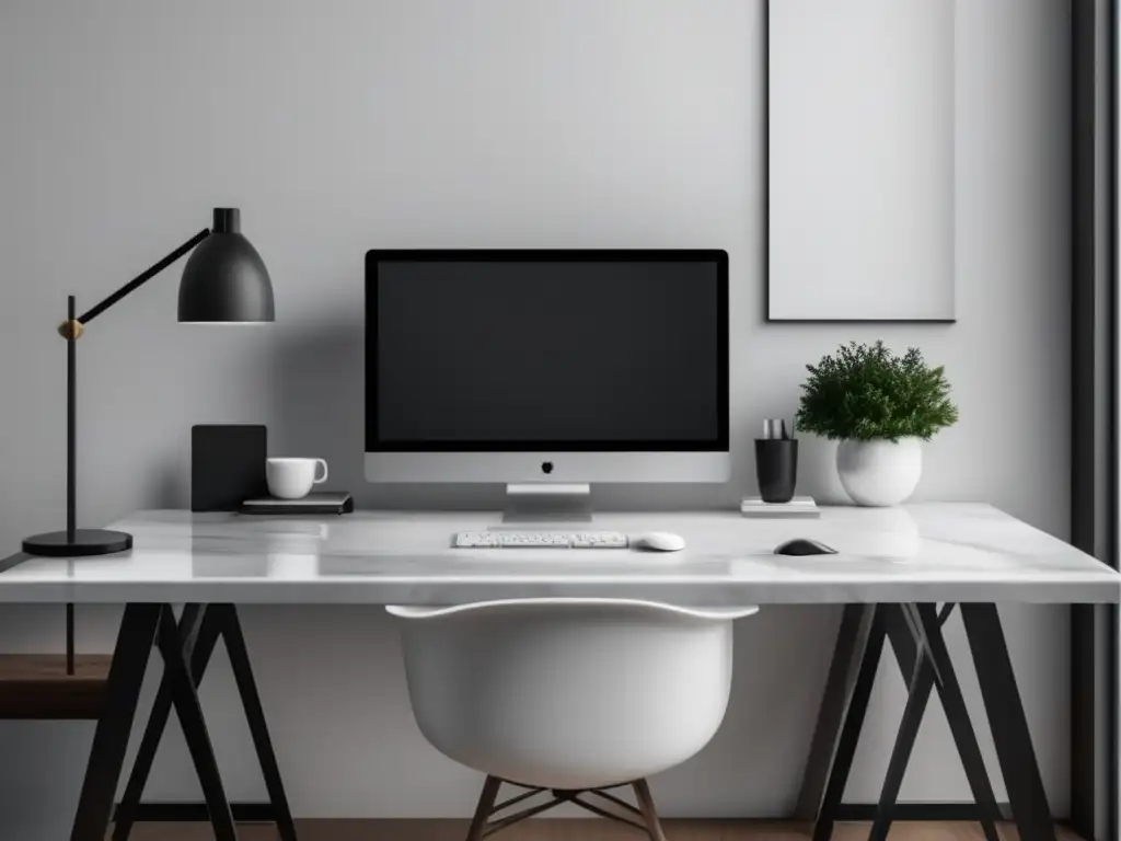 Espacio de trabajo moderno y sofisticado Escritorio minimalista de mármol blanco con monitor de visualización de datos: análisis de datos en el marketing de afiliados