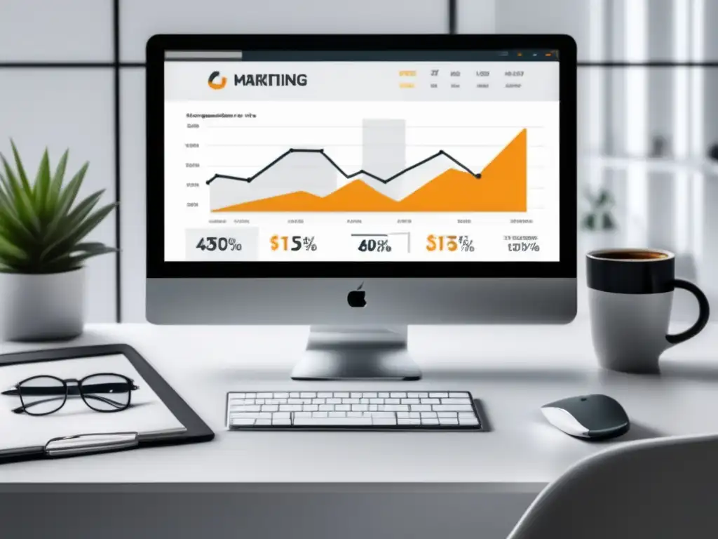 Espacio de trabajo minimalista y moderno Workspace minimalista con escritorio blanco y monitor grande que muestra gráfico de crecimiento de estrategias de marketing de afiliados