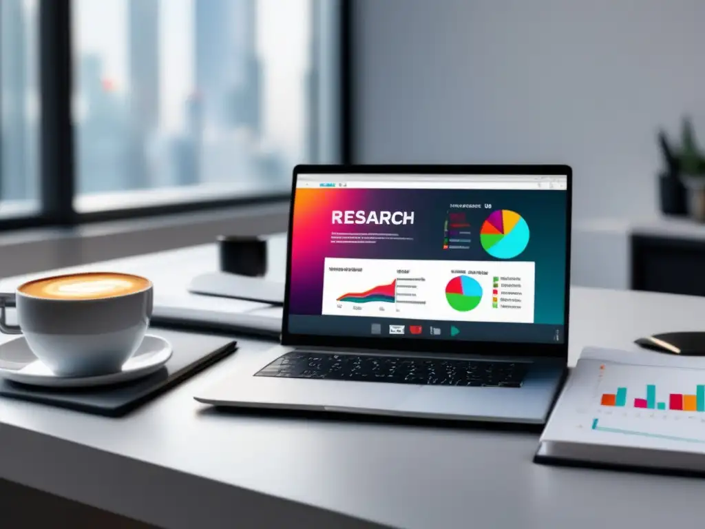 Espacio de trabajo minimalista y moderno Espacio de trabajo minimalista con escritorio blanco, laptop y herramienta de análisis de palabras clave