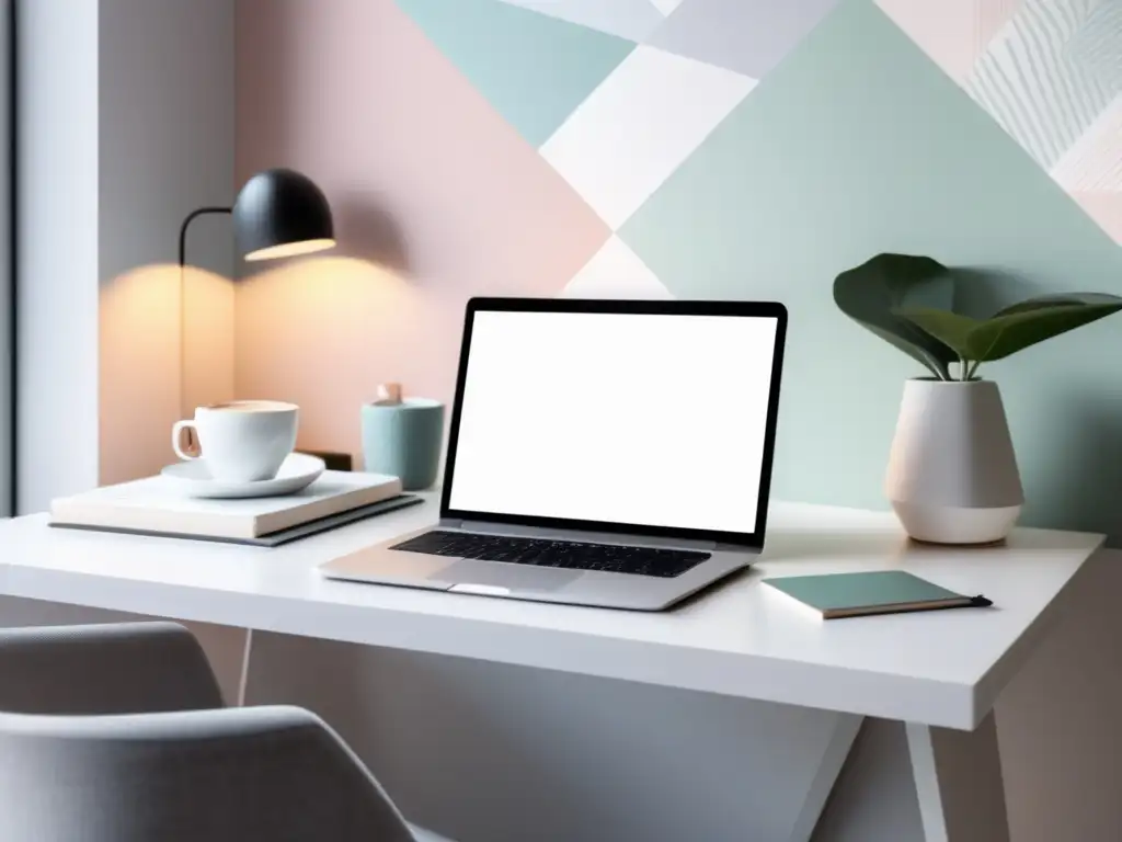 Espacio de trabajo moderno y minimalista Espacio de trabajo minimalista con escritorio blanco, laptop, libreta, café y luz natural