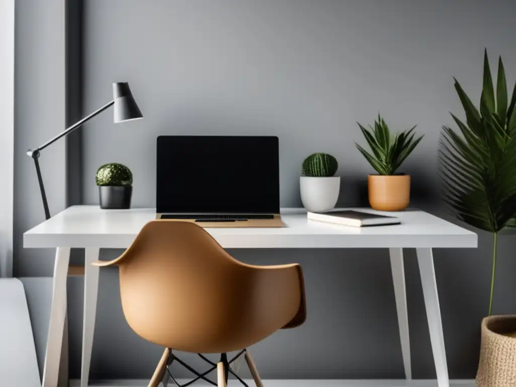Espacio de trabajo elegante y minimalista Espacio de trabajo minimalista con escritorio blanco lacado, mostrando profesionalismo y atención al detalle en marketing de afiliados