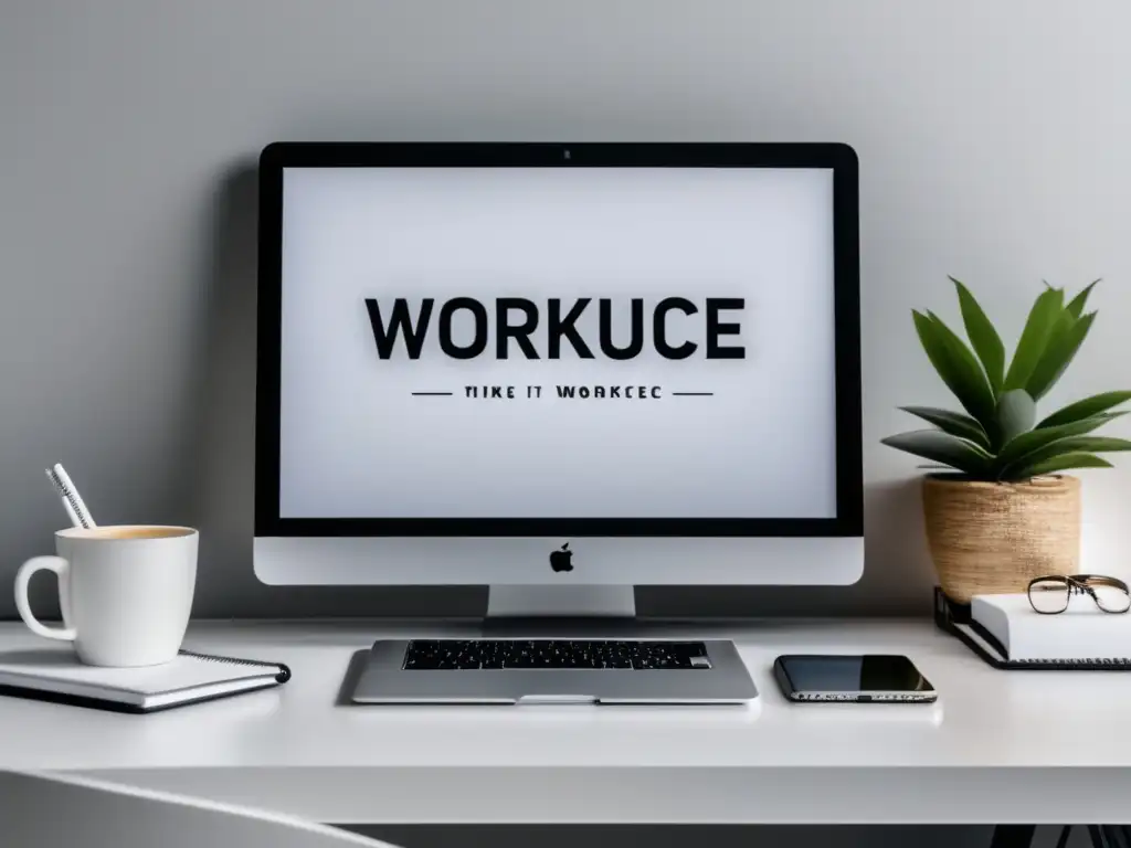 Espacio de trabajo minimalista Espacio de trabajo minimalista con escritorio blanco, laptop, bloc de notas y elementos esenciales