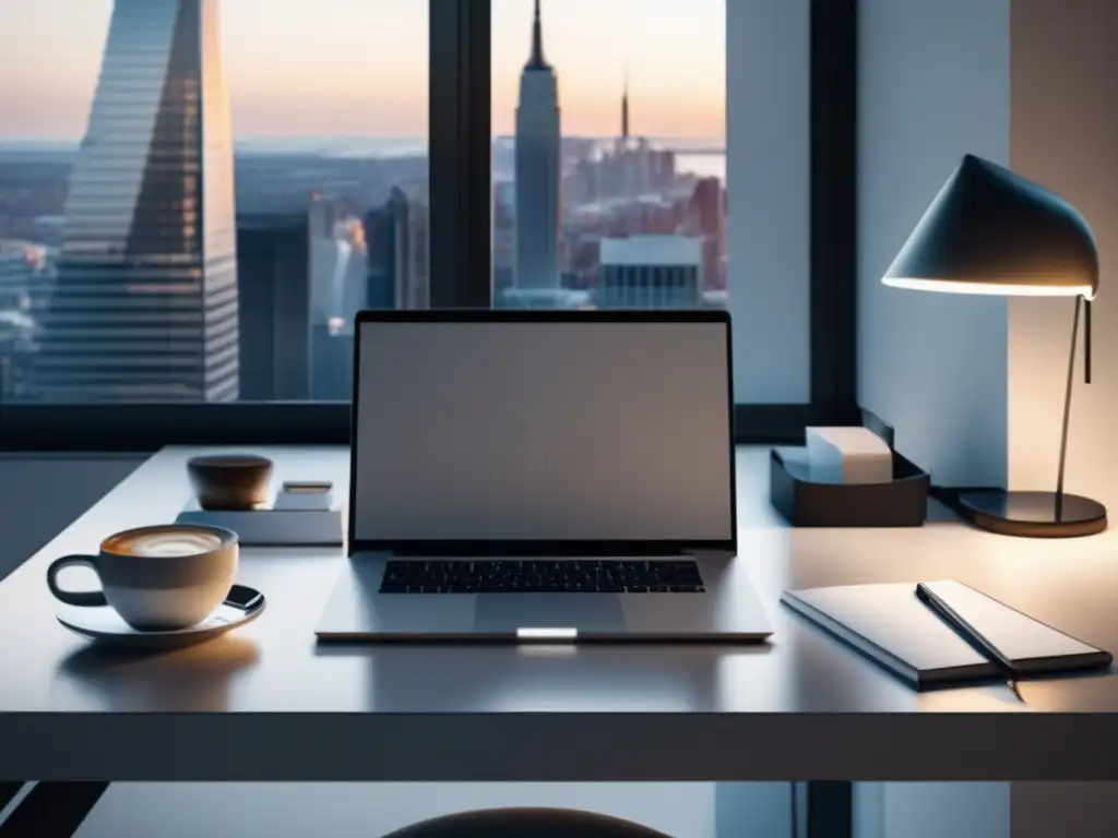 Espacio de trabajo moderno y minimalista Espacio de trabajo moderno y minimalista con laptop plateada, notas, pluma y café