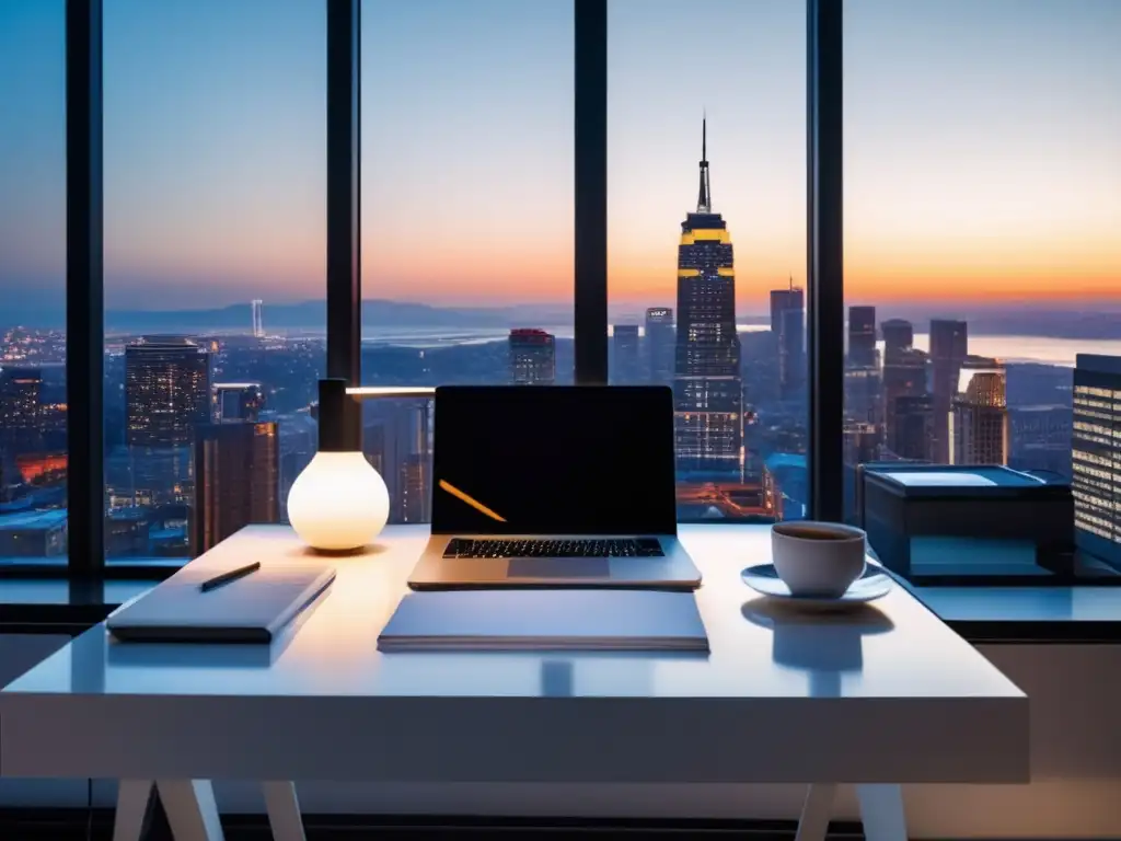 Espacio de trabajo minimalista Un espacio de trabajo minimalista con vista a la ciudad al atardecer, resaltando la productividad y profesionalismo del marketing de afiliados