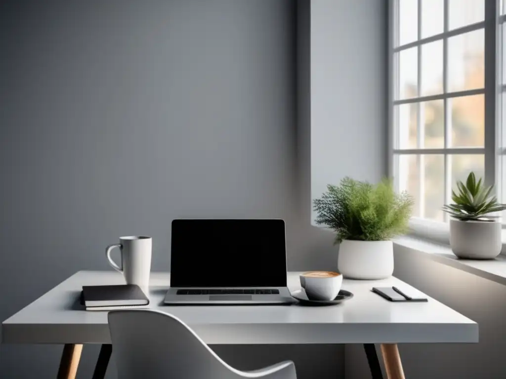 Espacio de trabajo minimalista y moderno Espacio de trabajo minimalista con escritorio blanco y herramientas gratuitas para marketing de afiliados