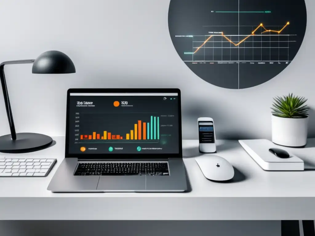 Estación de trabajo minimalista Espacio de trabajo minimalista con métricas y análisis de datos para mejorar conversiones en marketing de afiliados