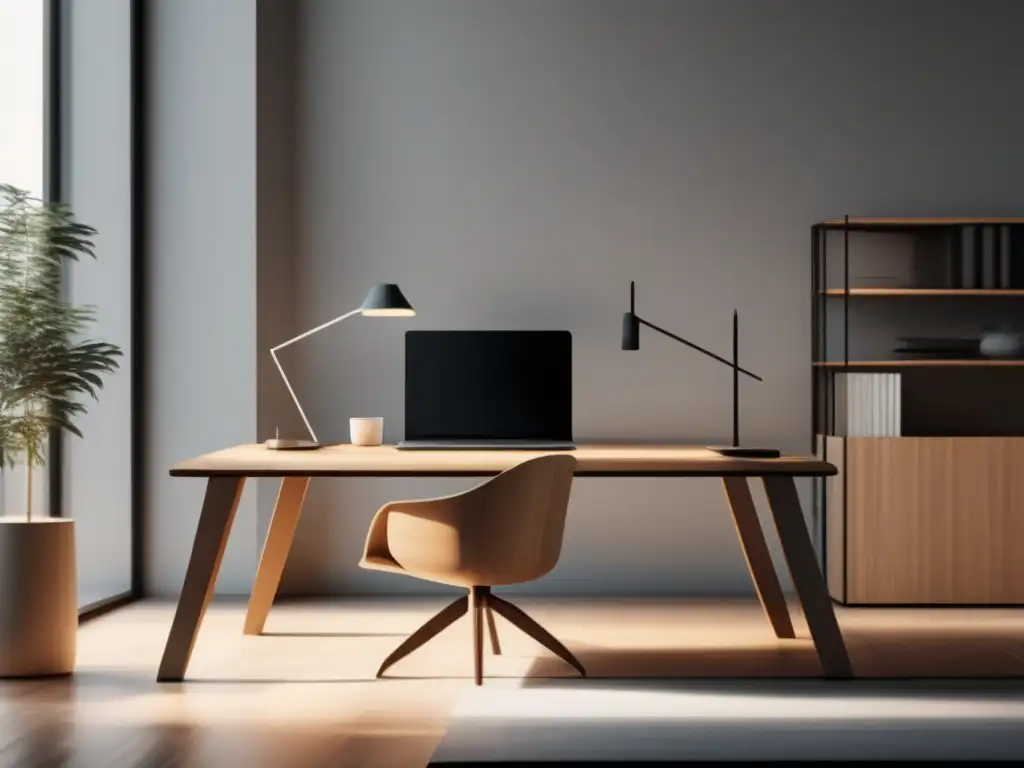 Espacio de trabajo minimalista Espacio de trabajo minimalista con escritorio de madera pulida, laptop, notas y luz natural - Aprender marketing de afiliados y maximizar ingresos