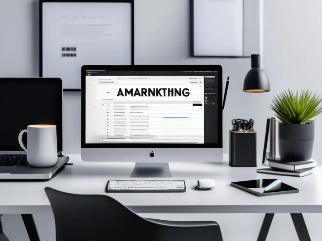 Espacio de trabajo minimalista con escritorio blanco y silla negra Espacio de trabajo minimalista con escritorio blanco y silla negra moderna