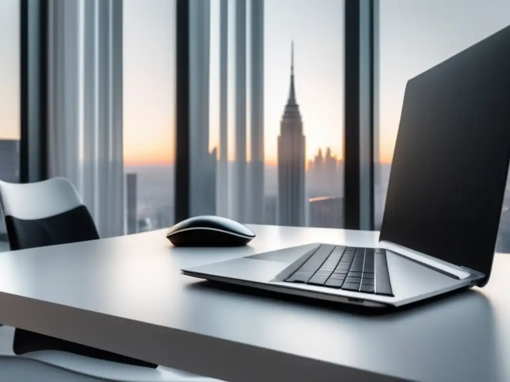 Espacio de trabajo minimalista con escritorio blanco Escritorio minimalista con laptop plateada, teclado inalámbrico negro, mouse inalámbrico y bolígrafo negro en notepad