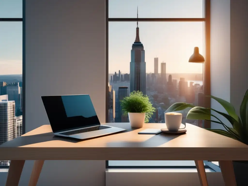 Espacio de trabajo minimalista con escritorio de madera clara Ejemplos exitosos de marketing de afiliados en un espacio de trabajo minimalista con escritorio de madera clara, organizado y profesional
