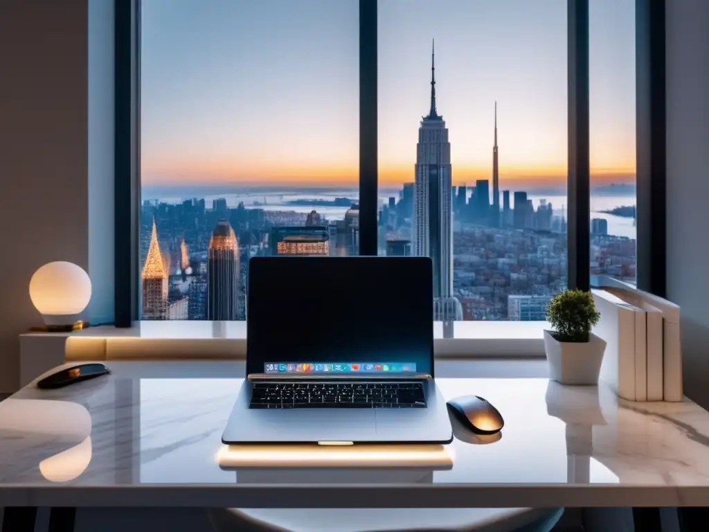 Espacio de trabajo moderno y minimalista Espacio de trabajo minimalista con escritorio de mármol blanco, laptop, ratón inalámbrico y ciudad en ventana