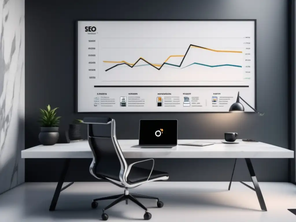 Espacio de trabajo moderno y productivo Oficina minimalista con escritorio de mármol blanco, silla de cuero negro y pantalla digital mostrando análisis SEO y gráficos