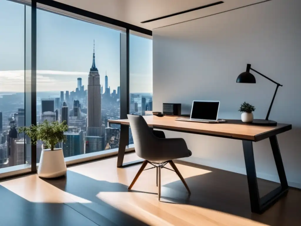 Espacio de trabajo minimalista con vista panorámica Espacio de trabajo minimalista con escritorio moderno, ordenado y vista panorámica de la ciudad