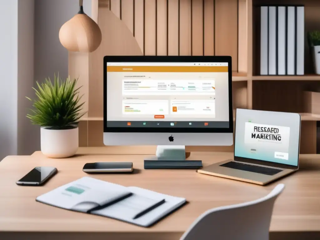 Espacio de trabajo minimalista y moderno Espacio de trabajo minimalista con escritorio de madera clara, laptop con herramienta de palabras clave y smartphone con app de plataforma de afiliados