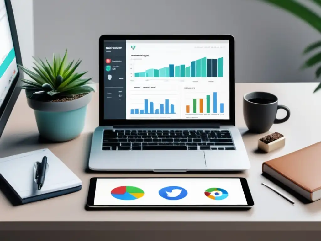 Espacio de trabajo minimalista con redes sociales y análisis Espacio de trabajo minimalista con herramientas de afiliados