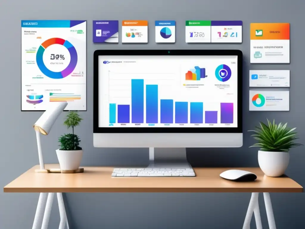 Espacio de trabajo minimalista y moderno Espacio de trabajo minimalista con laptop, herramientas de marketing de afiliados y plantas
