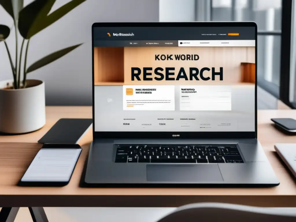 Espacio de trabajo minimalista con herramientas avanzadas de SEO Oficina minimalista con escritorio de madera, laptop de alta gama y herramienta de investigación de palabras clave
