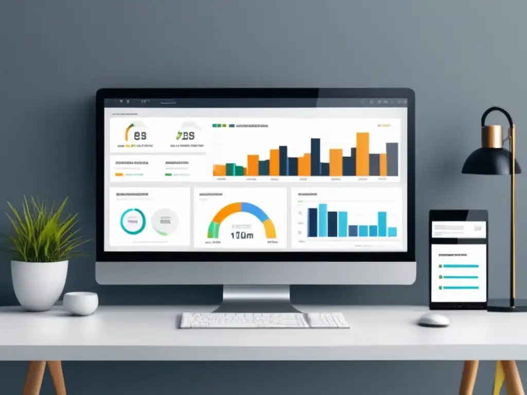 Espacio de trabajo minimalista con monitor de alta resolución y panel de control de marketing de afiliados avanzado Espacio de trabajo minimalista con escritorio blanco y monitor de alta resolución que muestra un panel de control avanzado de marketing de afiliados con herramientas de segmentación