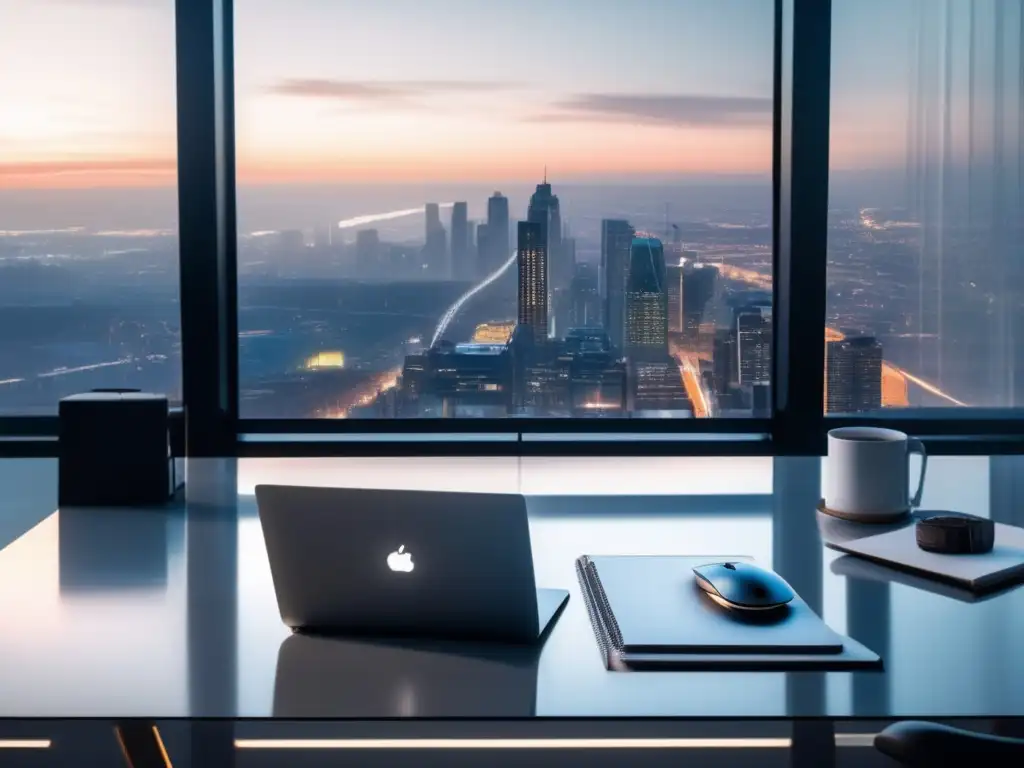 Espacio de trabajo minimalista y sofisticado Espacio de trabajo minimalista con vista a la ciudad, laptop plateada, mouse inalámbrico y café