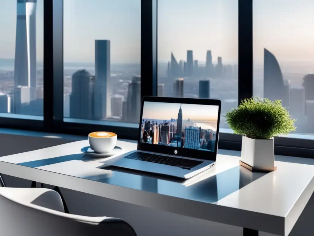 Espacio de trabajo minimalista con vista a la ciudad Espacio de trabajo minimalista con escritorio blanco y vista a la ciudad: estrategias de marketing de afiliados