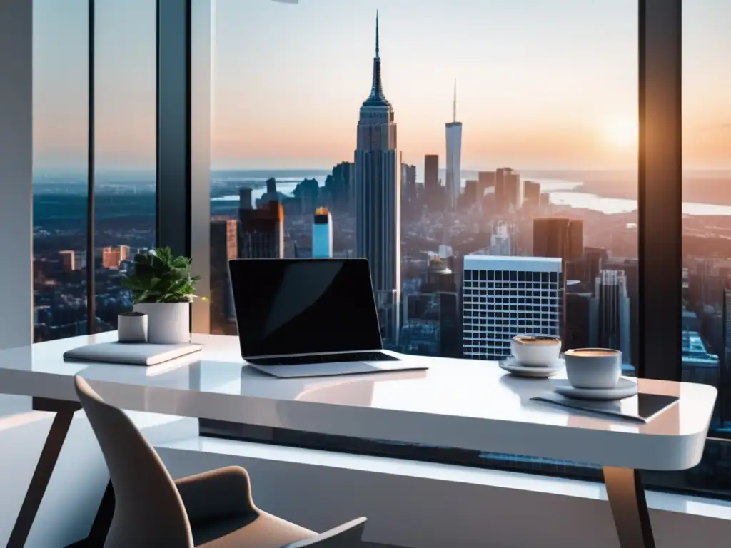 Espacio de trabajo minimalista con vista a la ciudad Oficina minimalista con escritorio blanco brillante, laptop, cuaderno y vista panorámica de la ciudad