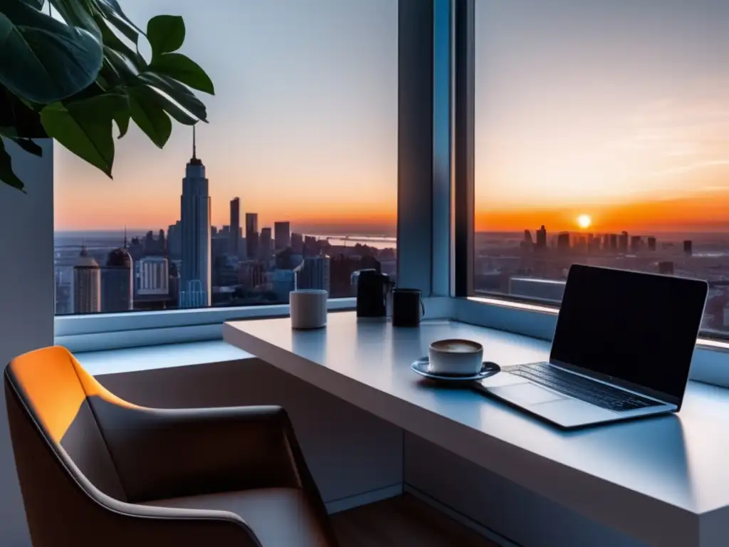Espacio de trabajo minimalista y profesional Espacio de trabajo minimalista con vista a la ciudad al atardecer
