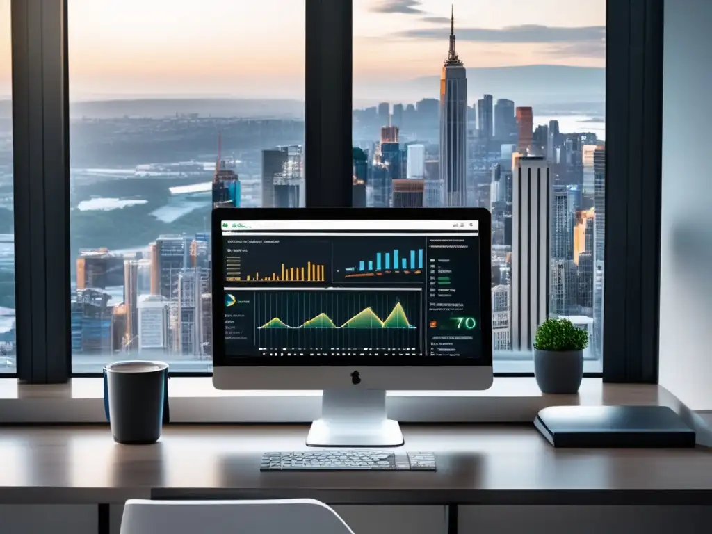 Espacio de trabajo minimalista con computadora moderna Espacio de trabajo minimalista con computadora moderna, escritorio blanco y vista panorámica de la ciudad
