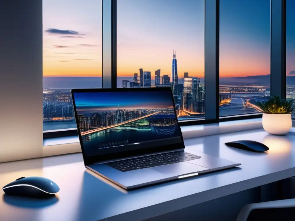 Espacio de trabajo minimalista con vista panorámica a la ciudad Espacio de trabajo minimalista con vista a la ciudad al atardecer y herramientas de análisis de datos para oportunidades en marketing de afiliados