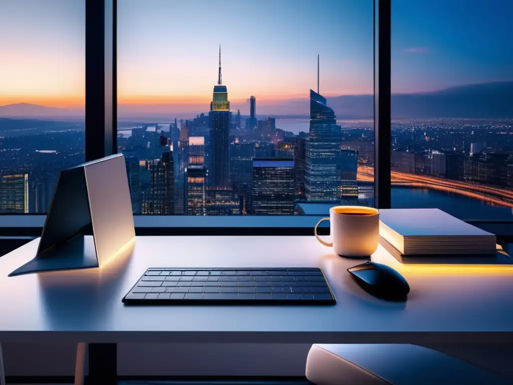 Espacio de trabajo minimalista con vista a la ciudad al atardecer, destacando estrategias efectivas de marketing de afiliados