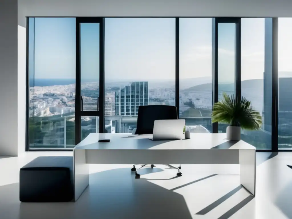 Espacio minimalista y sofisticado en una ciudad luminosa Escritorio minimalista con vista a la ciudad: Estrategias de selección de palabras clave en el marketing de afiliados
