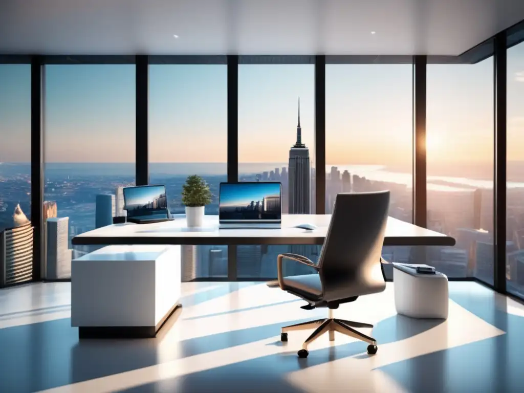 Espacio de trabajo minimalista Espacio de trabajo moderno para marketers afiliados con vista panorámica de la ciudad - Herramientas de SEO para marketers de afiliados