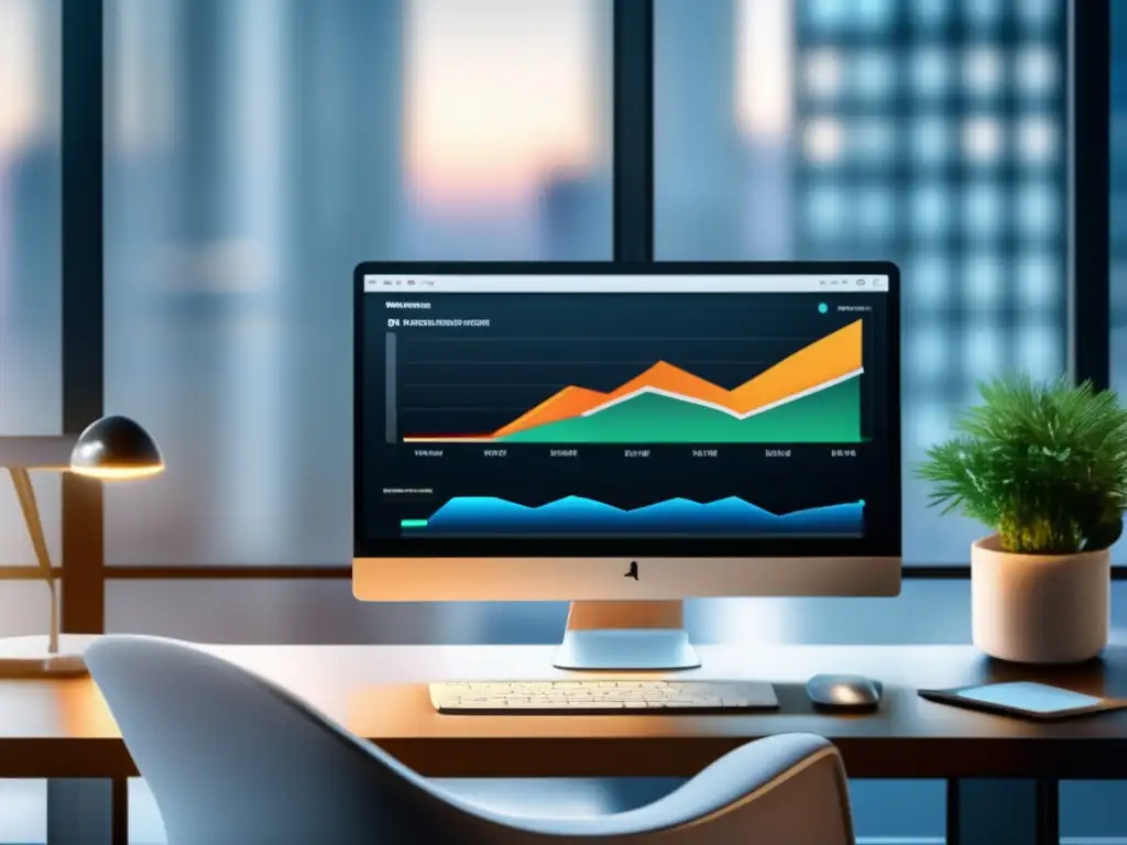 Espacio de trabajo minimalista con laptop de alta gama y dashboard de análisis de datos Moderno espacio de trabajo con laptop y dashboard de análisis de datos, destacando herramientas de afiliados