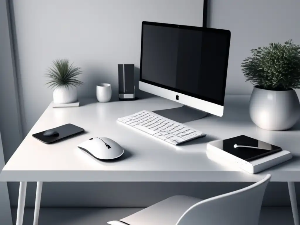 Elegante y minimalista espacio de trabajo Espacio de trabajo minimalista con elegante escritorio blanco y herramientas de marketing de afiliados