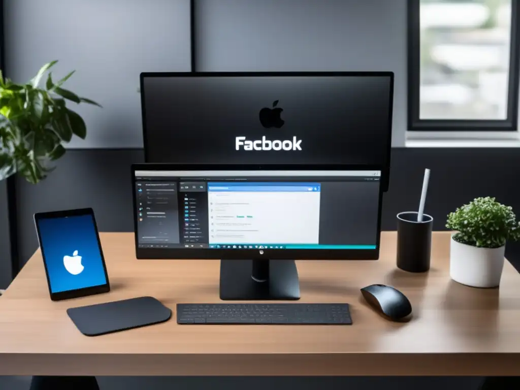 Espacioso escritorio minimalista con monitor de 8k y accesorios modernos Espacio de trabajo minimalista con escritorio amplio, monitor de alta tecnología y herramientas para optimizar conversiones en marketing de afiliados
