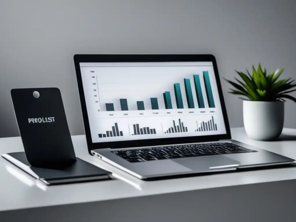 Un espacio de trabajo minimalista y moderno con aumento de ingresos Espacio de trabajo minimalista con escritorio blanco y gráfico de ingresos: plataformas de afiliados de moda
