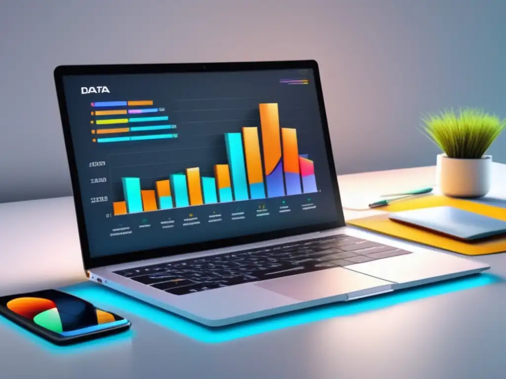 Espacio de trabajo minimalista con escritorio blanco y laptop de alta gama mostrando gráfico 3D de análisis de datos