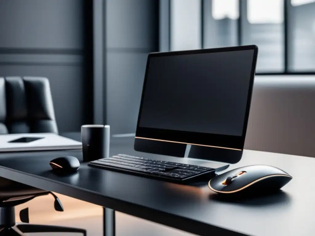Espacio de trabajo minimalista y moderno Espacio de trabajo moderno con escritorio de mármol negro y silla ergonómica de cuero negro